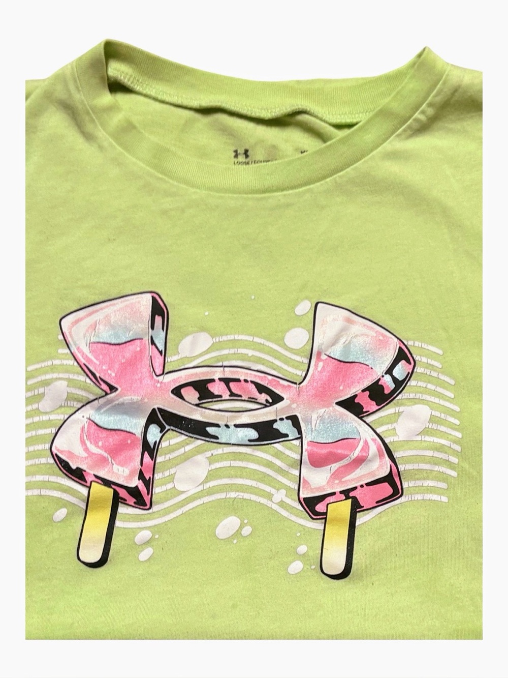 Under Armour Girls YLG HeatGear Lime Green Popsicle Logo Graphic Tee Shirt
